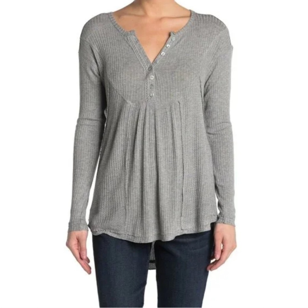 Sweet Romeo Blouse Women's L Waffle Knit Oversized Henley Top Gray Tunic